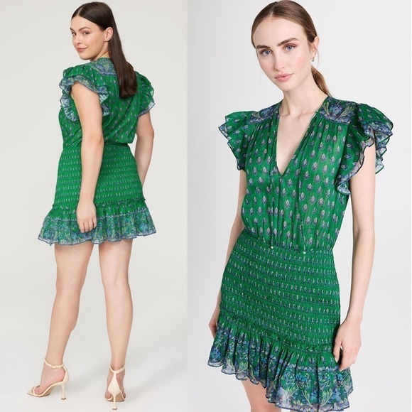 VERONICA BEARD Floral Paisley Smocked Flutter Short Sleeve Ruffled Mini Dress 8 - Picture 5 of 13